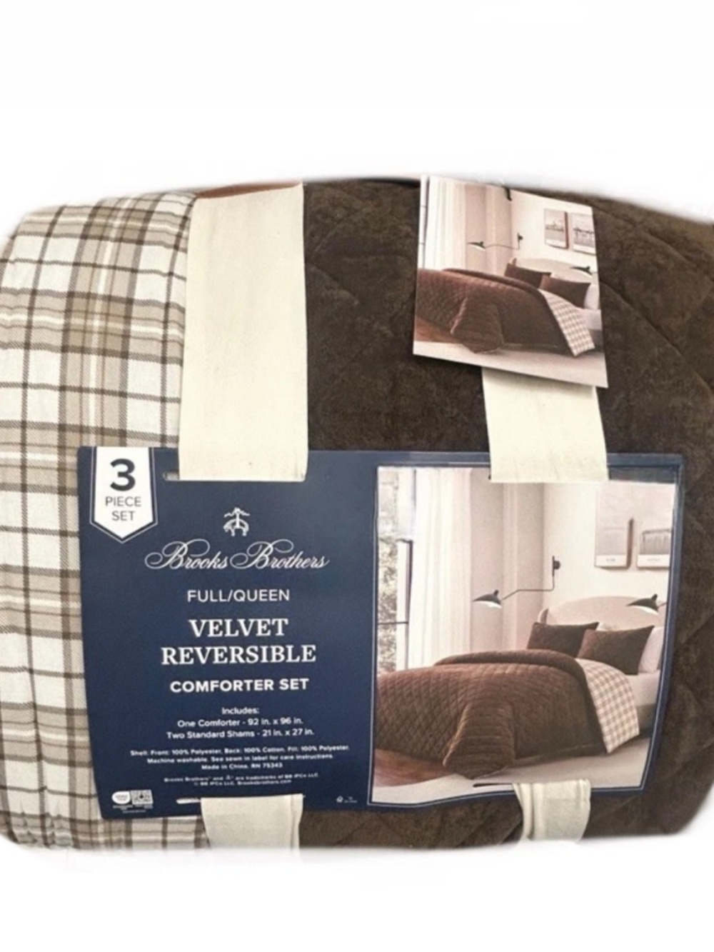 Brooks Brothers Brown Velvet Reversible Full/Queen Comforter Set 92”x96”